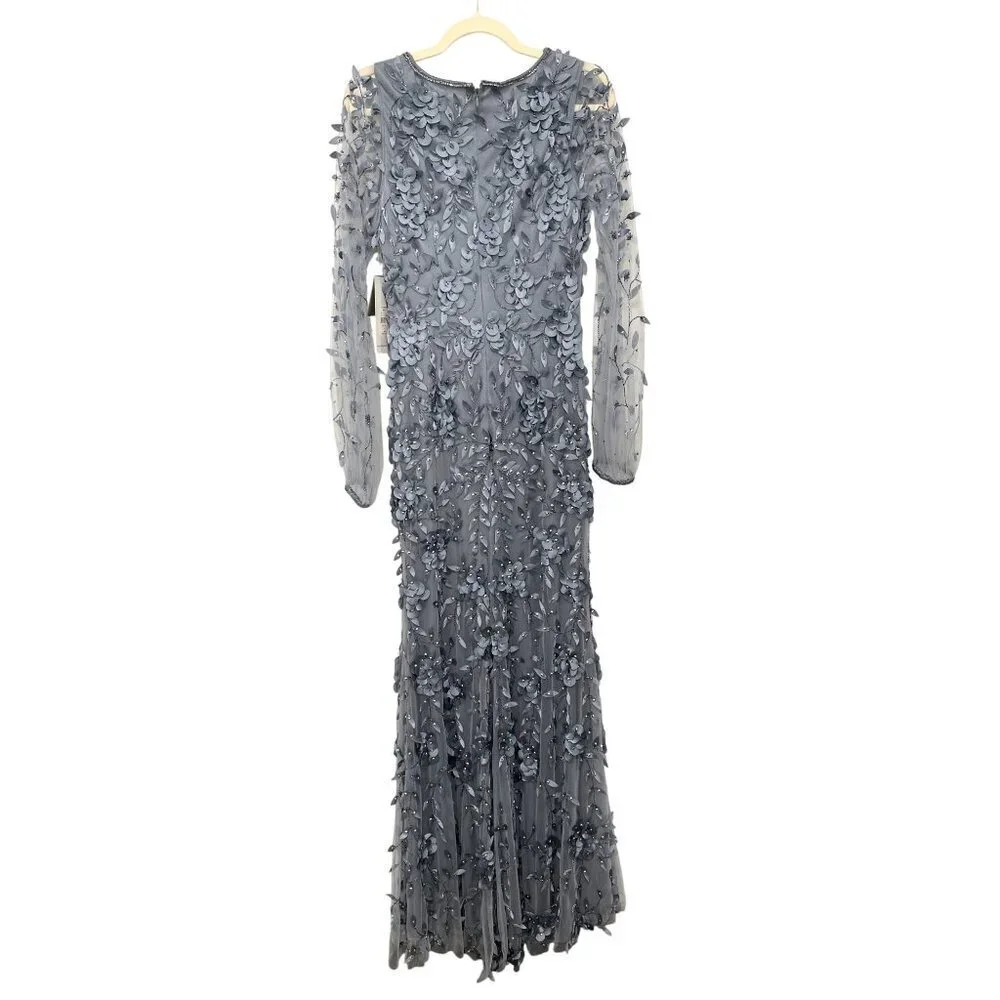 Theia $1295 Floral Mesh Long-Sleeve Gown Blue Formal Evening Dress Size 4 NWT - Picture 9 of 10